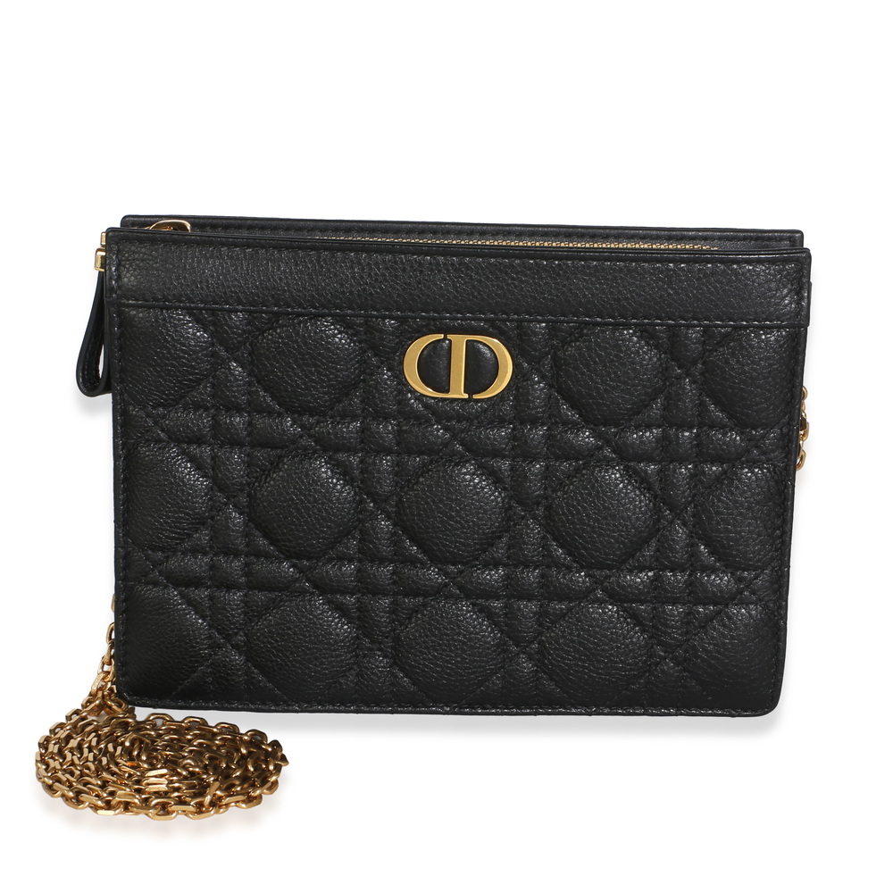 Christian Dior Black Calfskin Cannage Caro Zipped Pouch With Chain